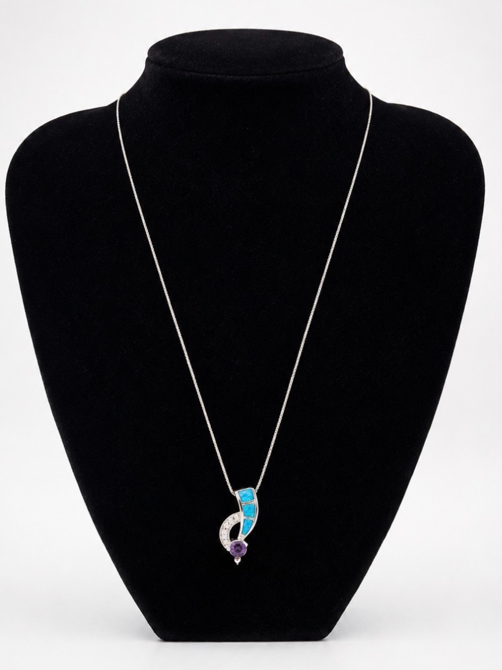 Vintage PC Signed 925 Sterling Silver Blue Opal Amethyst Teardrop Pendant 18”